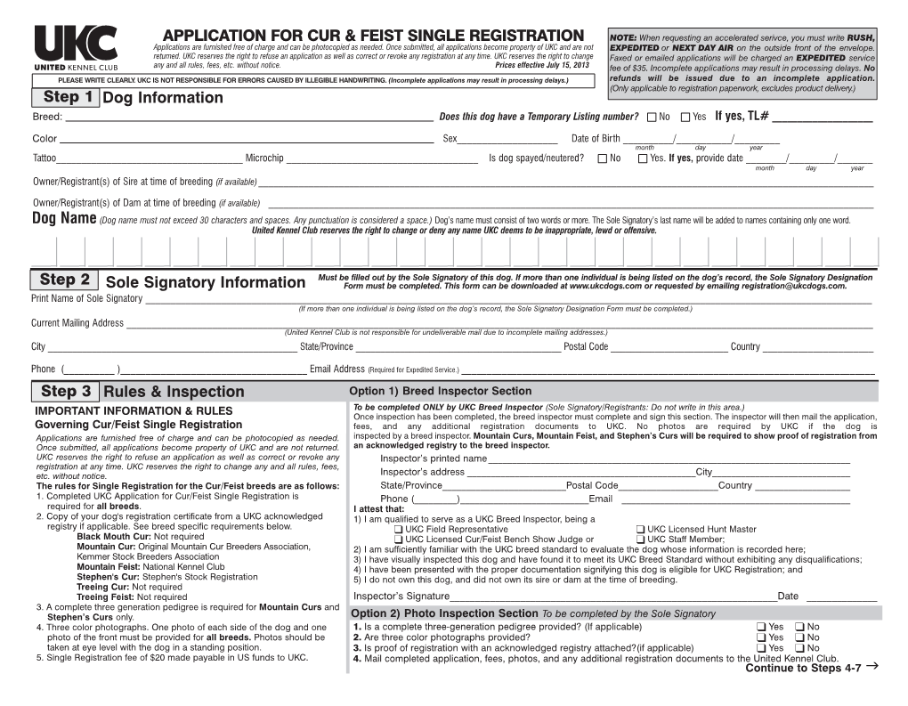 Application for Cur & Feist Single Registration