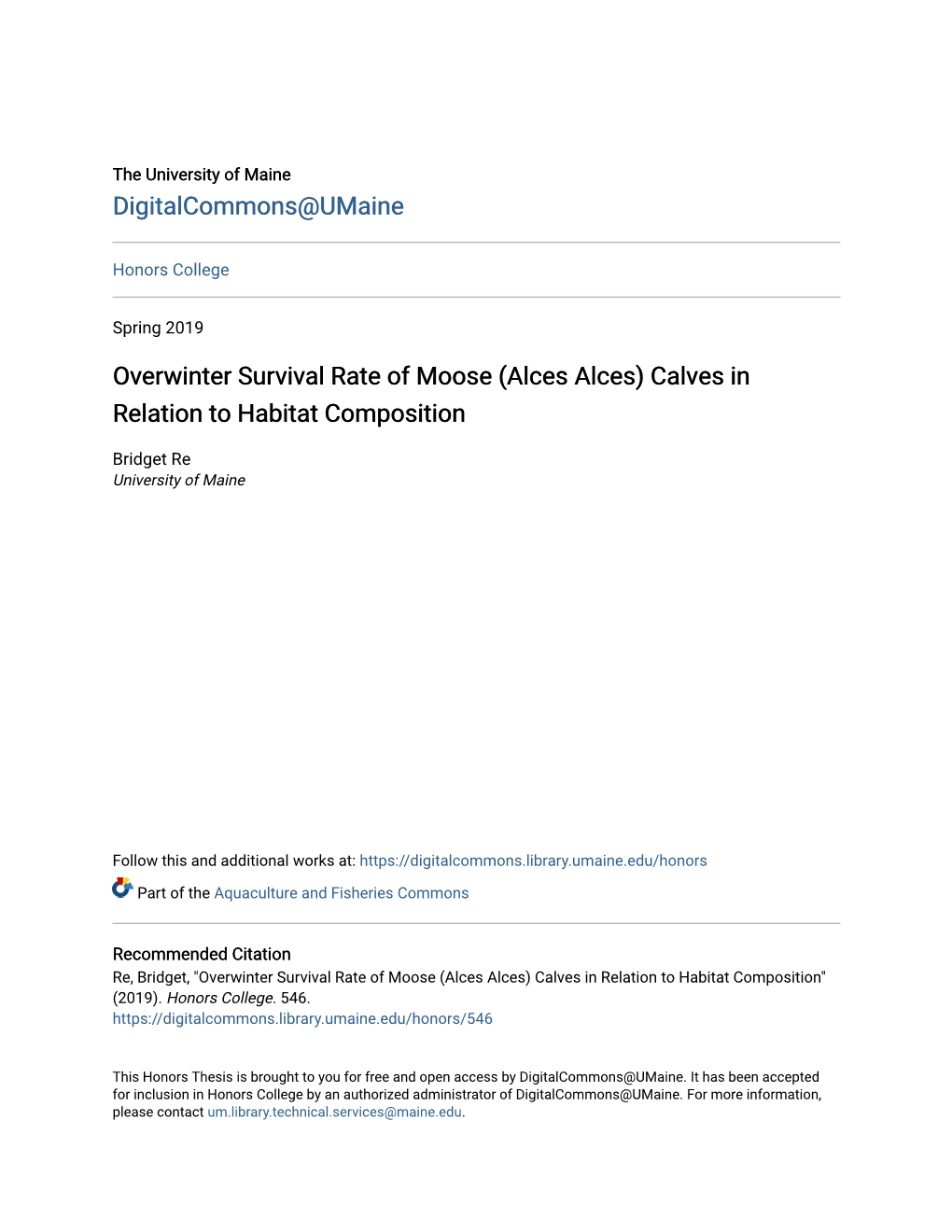 Overwinter Survival Rate of Moose (Alces Alces) Calves in Relation to Habitat Composition