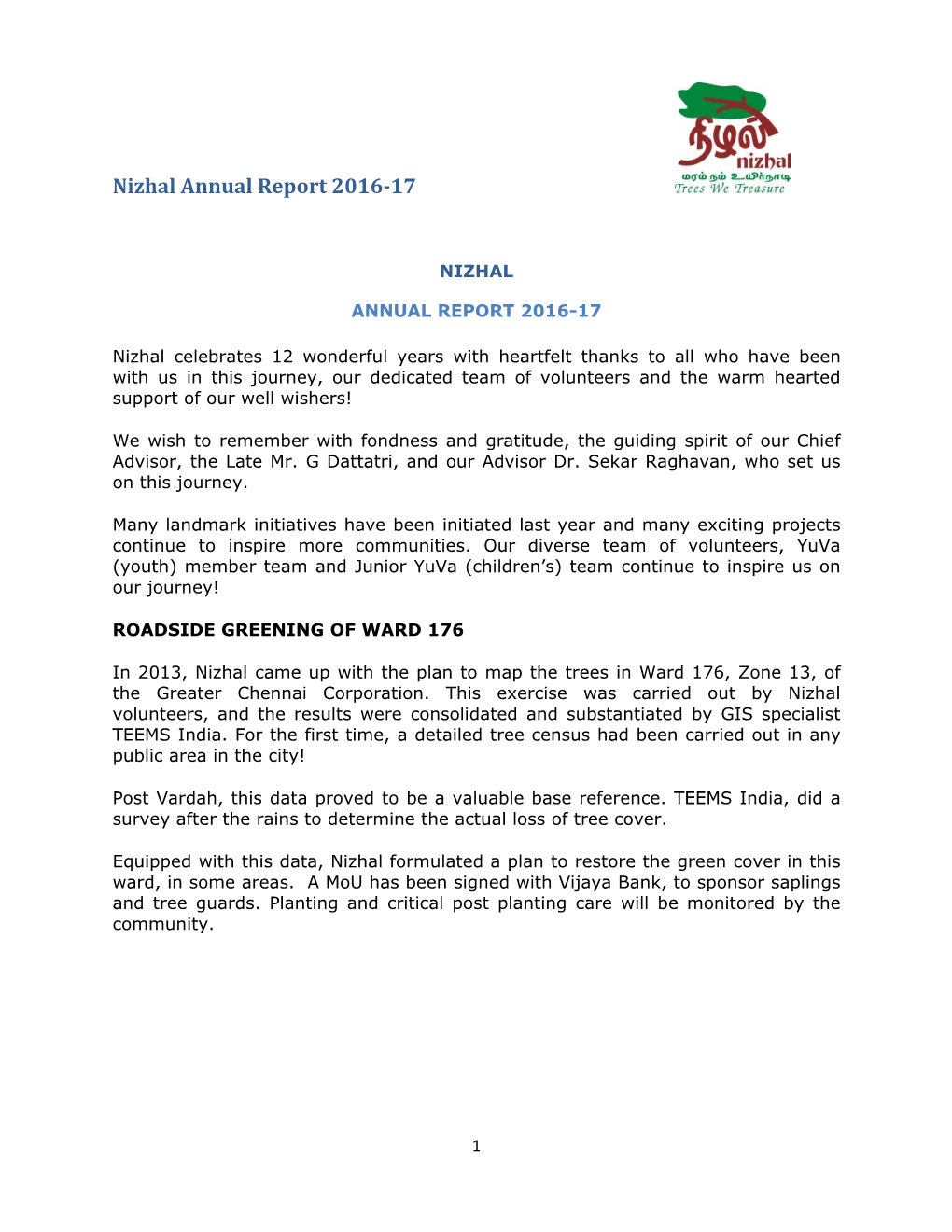 Nizhal Annual Report 2016-17