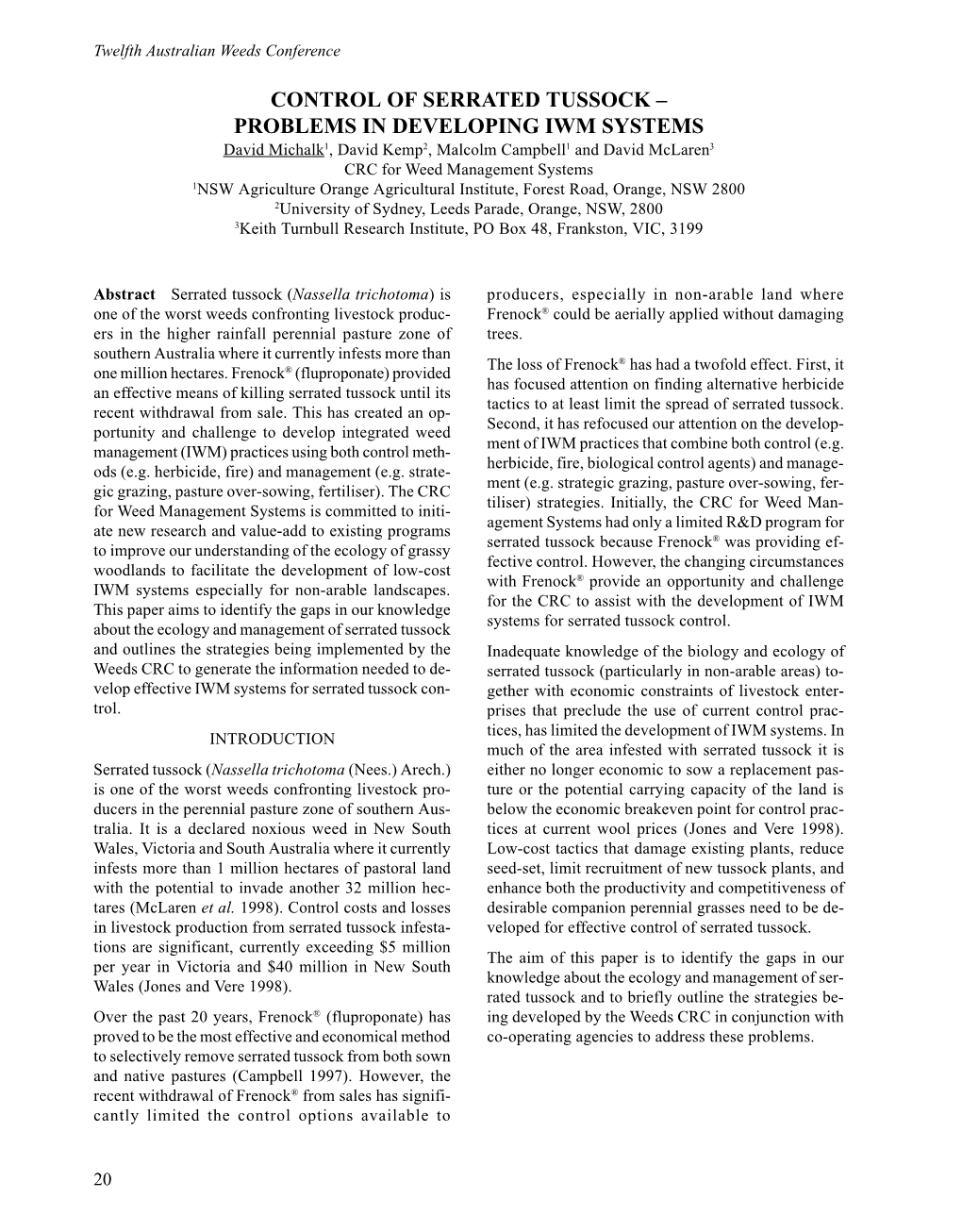 Control of Serrated Tussock – Problems in Developing