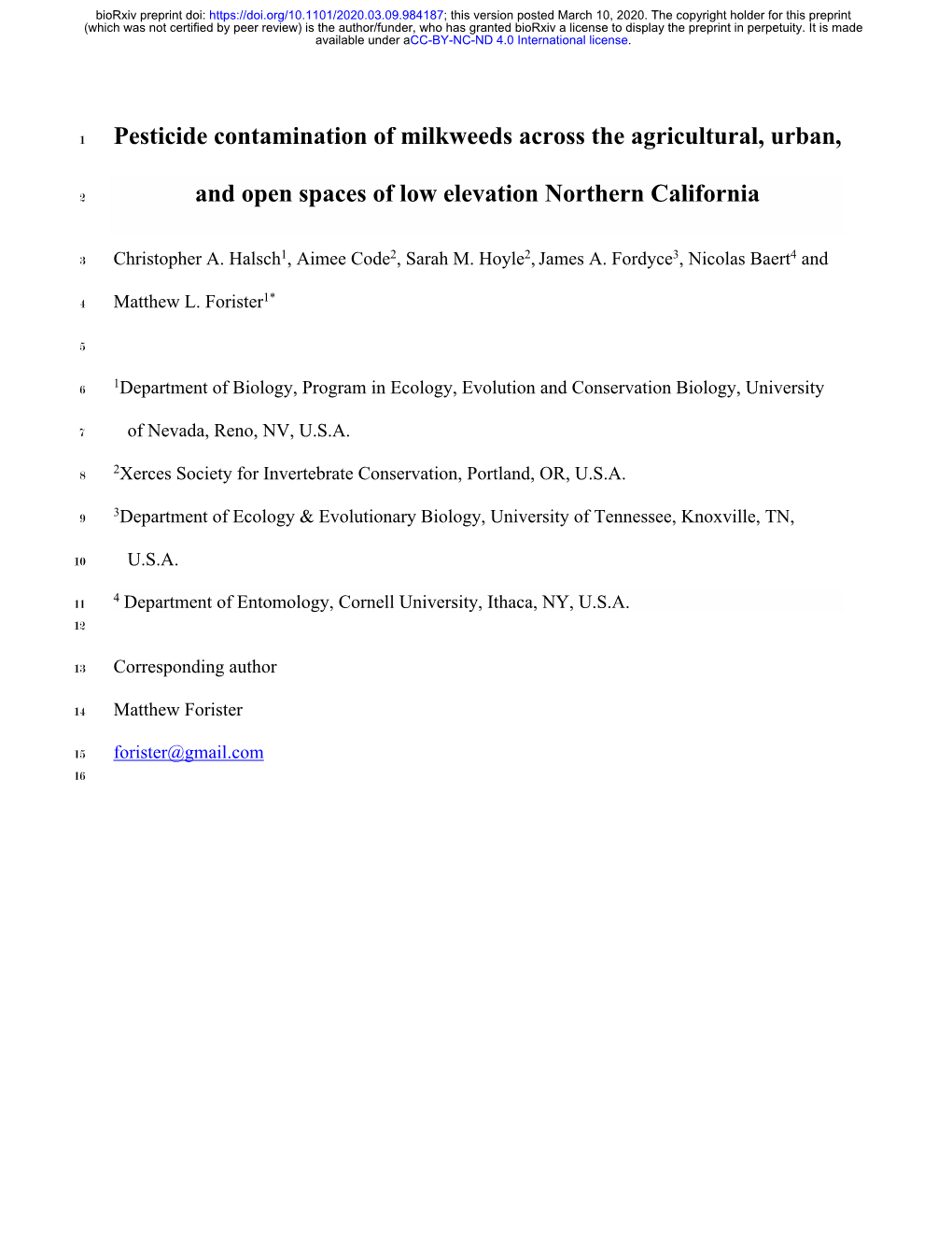 Pesticide Contamination of Milkweeds Across the Agricultural, Urban, and Open Spaces of Low Elevation Northern California