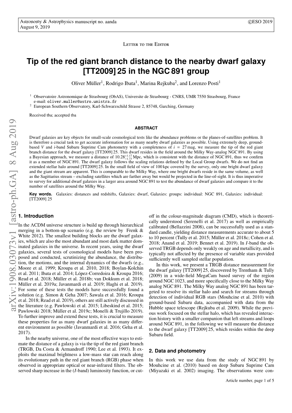 Tip of the Red Giant Branch Distance to the Nearby Dwarf Galaxy [TT2009] 25 in the NGC 891 Group Oliver Müller1, Rodrigo Ibata1, Marina Rejkuba2, and Lorenzo Posti1