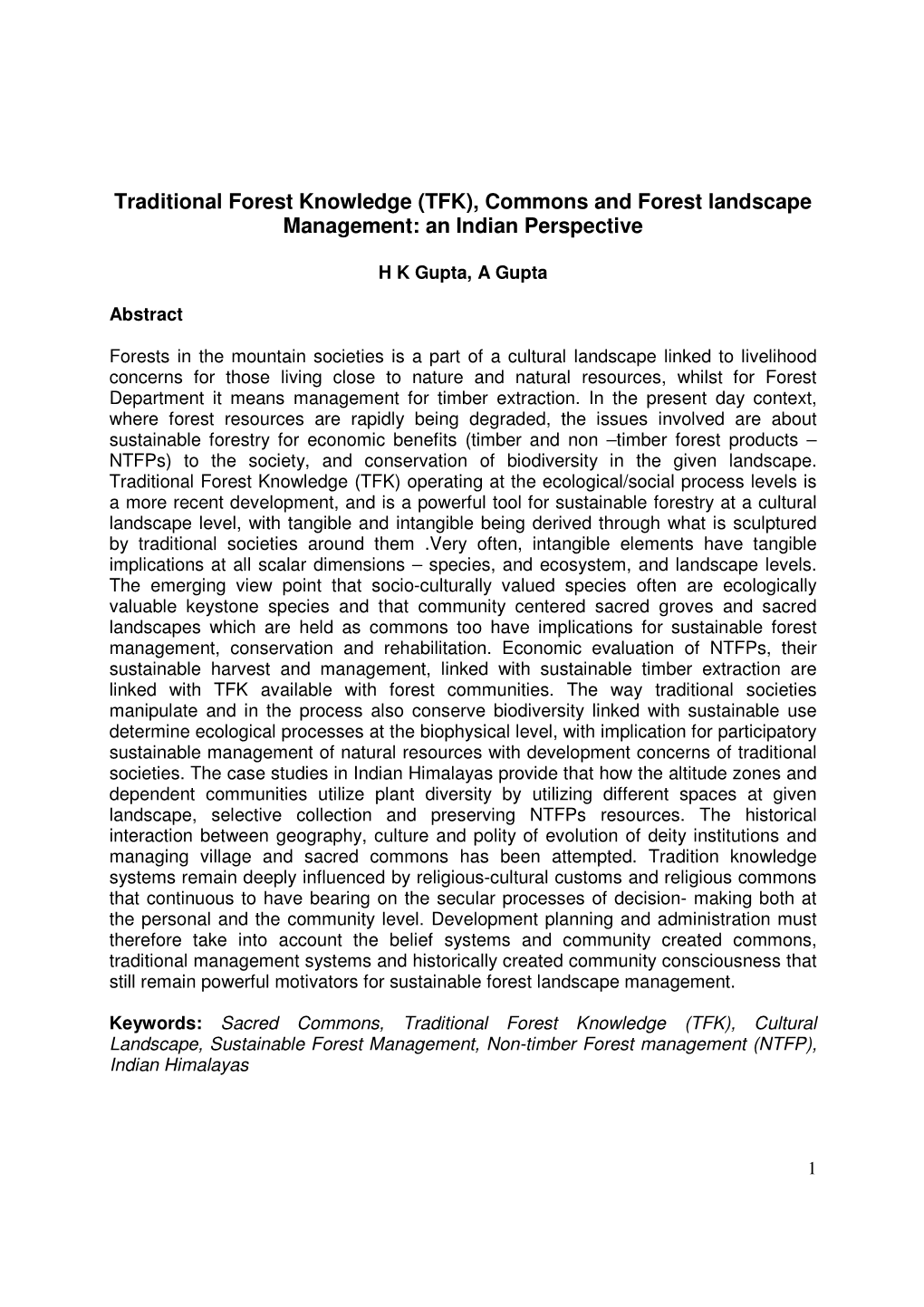 Traditional Forest Knowledge (TFK), Commons and Forest Landscape Management: an Indian Perspective