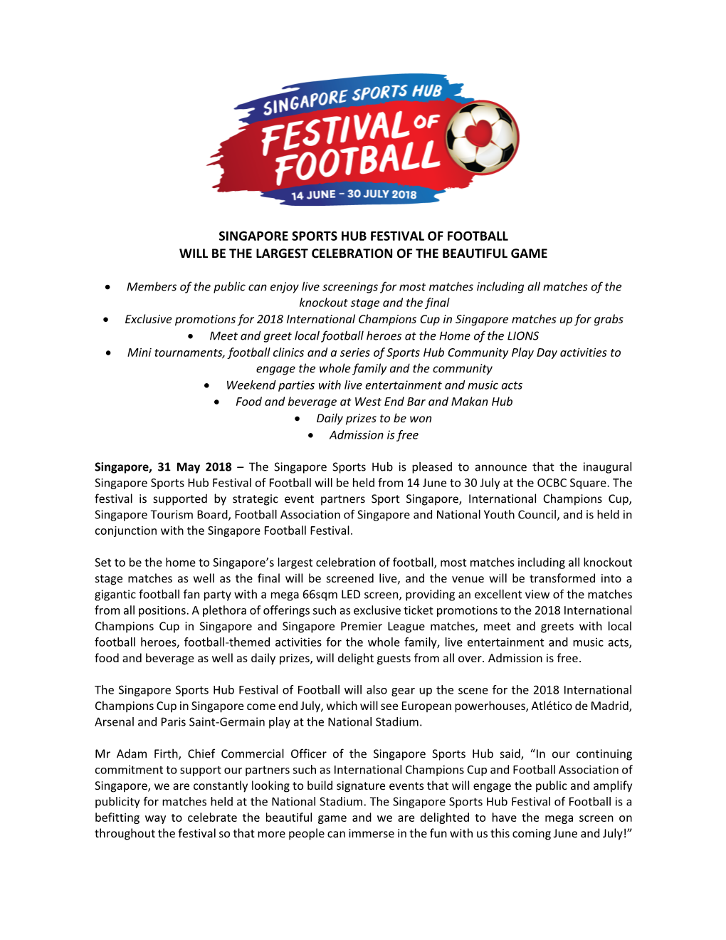 Singapore Sports Hub Festival of Football Will Be the Largest Celebration of the Beautiful Game