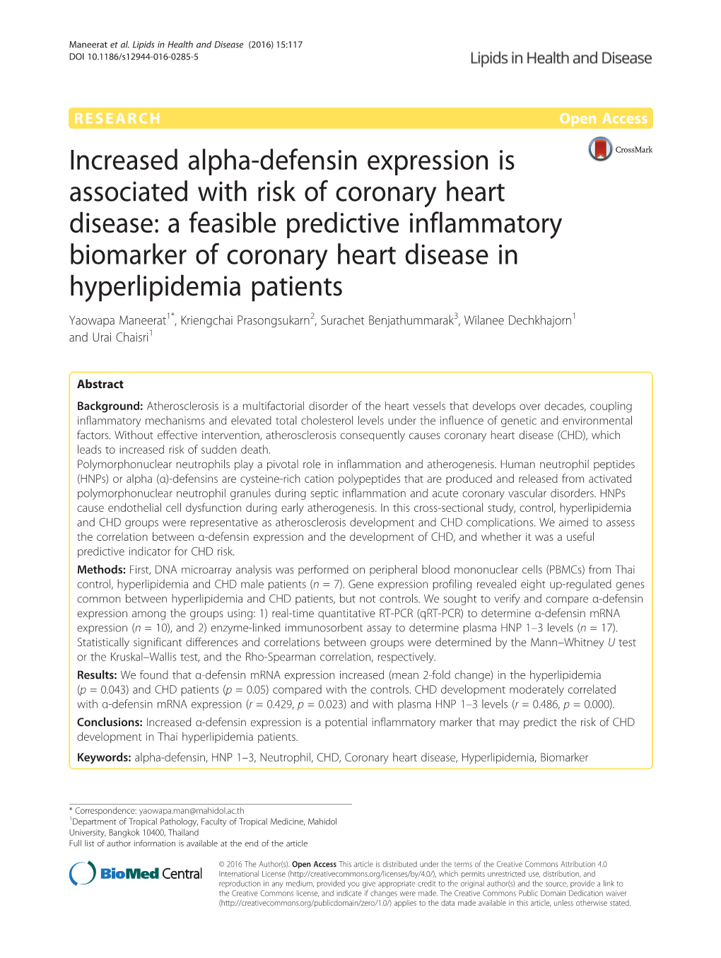 Increased Alpha-Defensin Expression Is Associated with Risk of Coronary