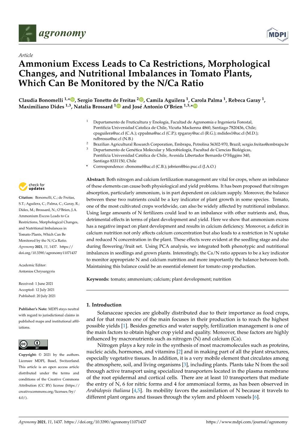 Ammonium Excess Leads to Ca Restrictions, Morphological Changes, and Nutritional Imbalances in Tomato Plants, Which Can Be Monitored by the N/Ca Ratio