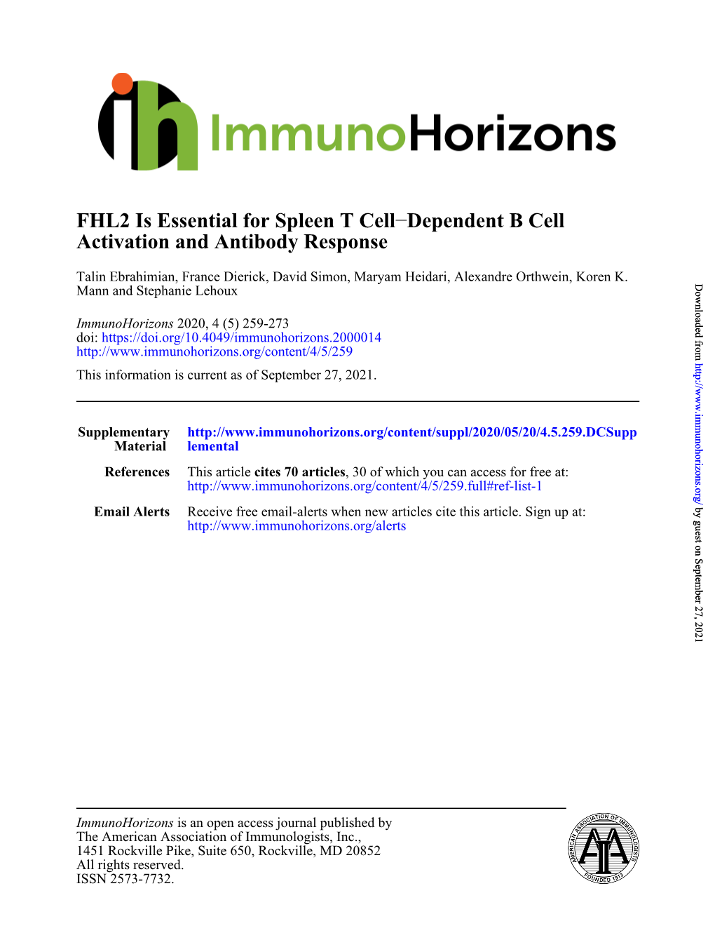Activation and Antibody Response Dependent B Cell − FHL2 Is