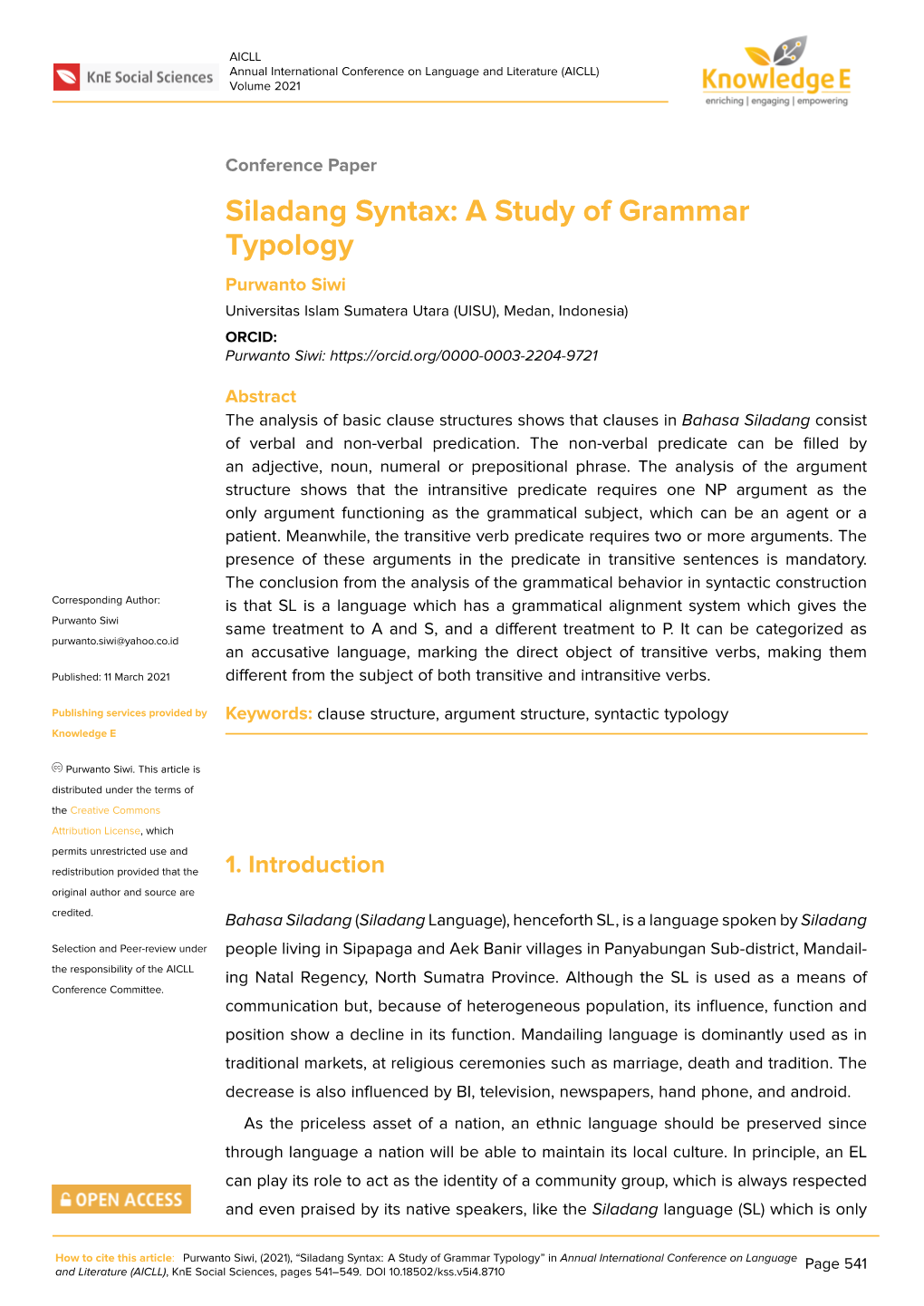 Siladang Syntax: a Study of Grammar Typology