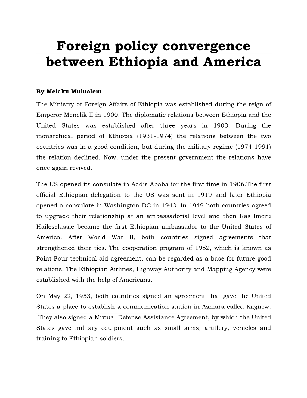 Foreign Policy Convergence Between Ethiopia and America