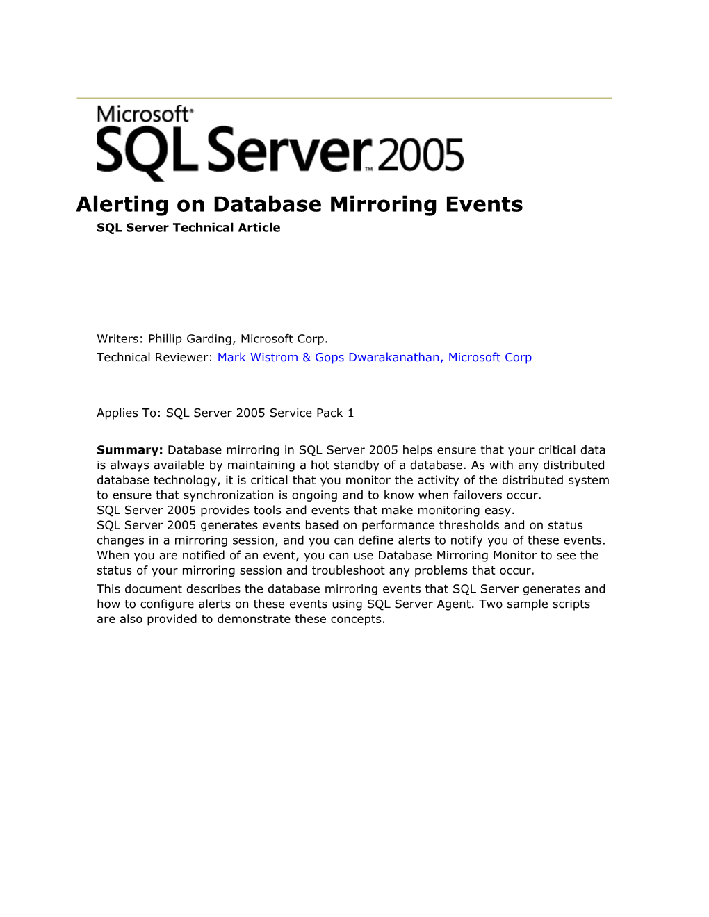 Alerting on Database Mirroring Events