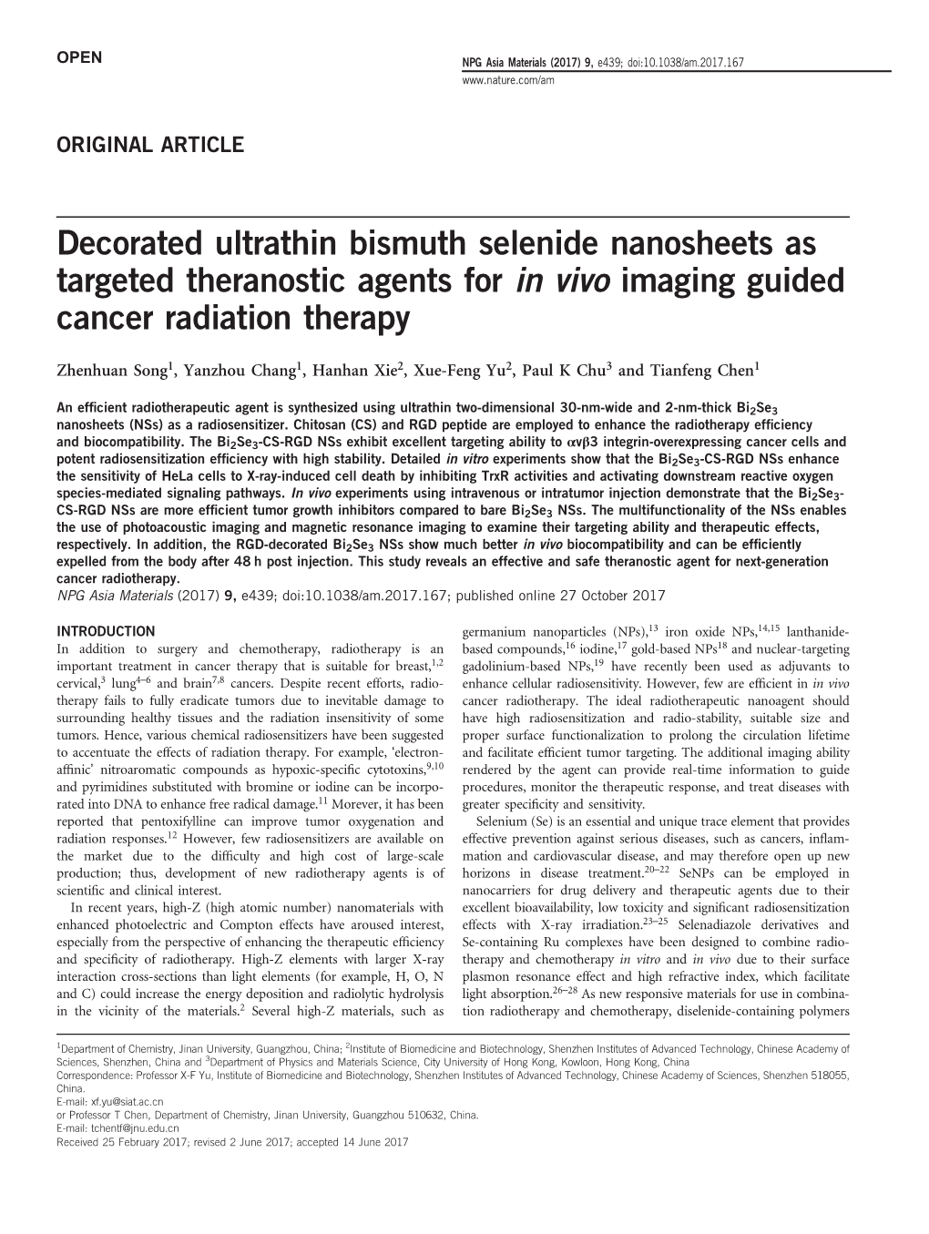 Decorated Ultrathin Bismuth Selenide Nanosheets As Targeted Theranostic Agents for in Vivo Imaging Guided Cancer Radiation Therapy