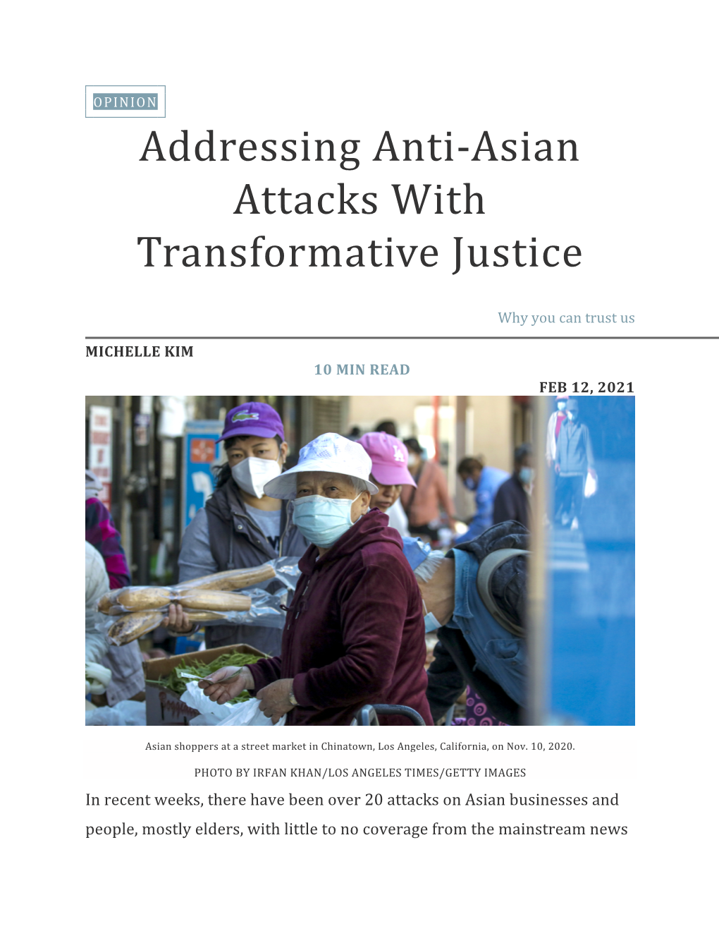 Addressing Anti-Asian Attacks with Transformative Justice