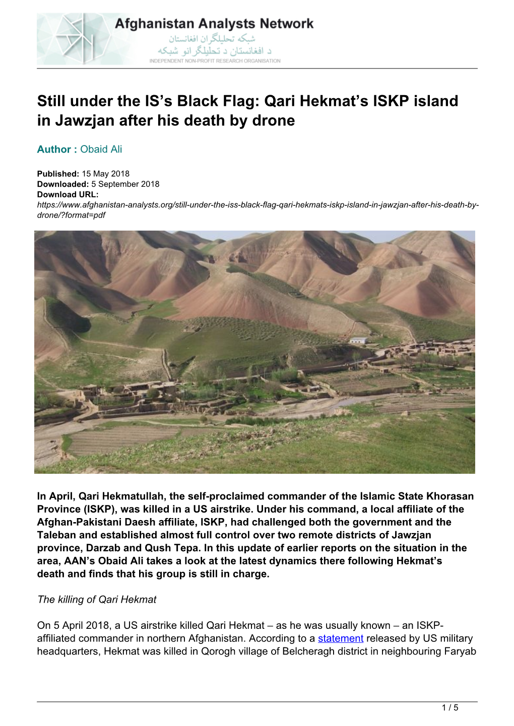 Still Under the IS's Black Flag: Qari Hekmat's ISKP Island in Jawzjan After His Death by Drone