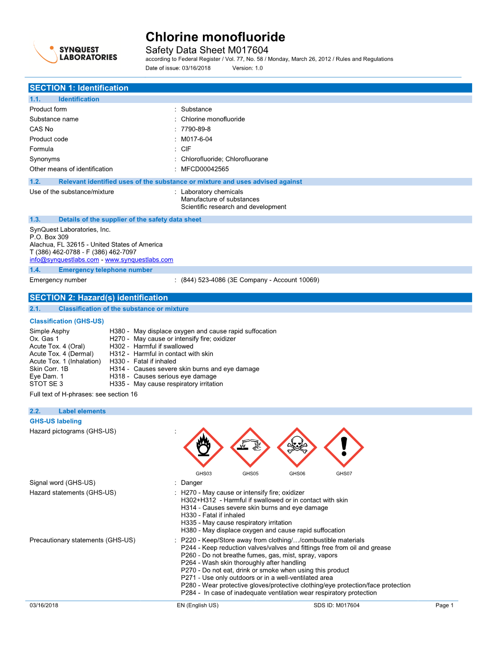 Chlorine Monofluoride Safety Data Sheet M017604 According to Federal Register / Vol