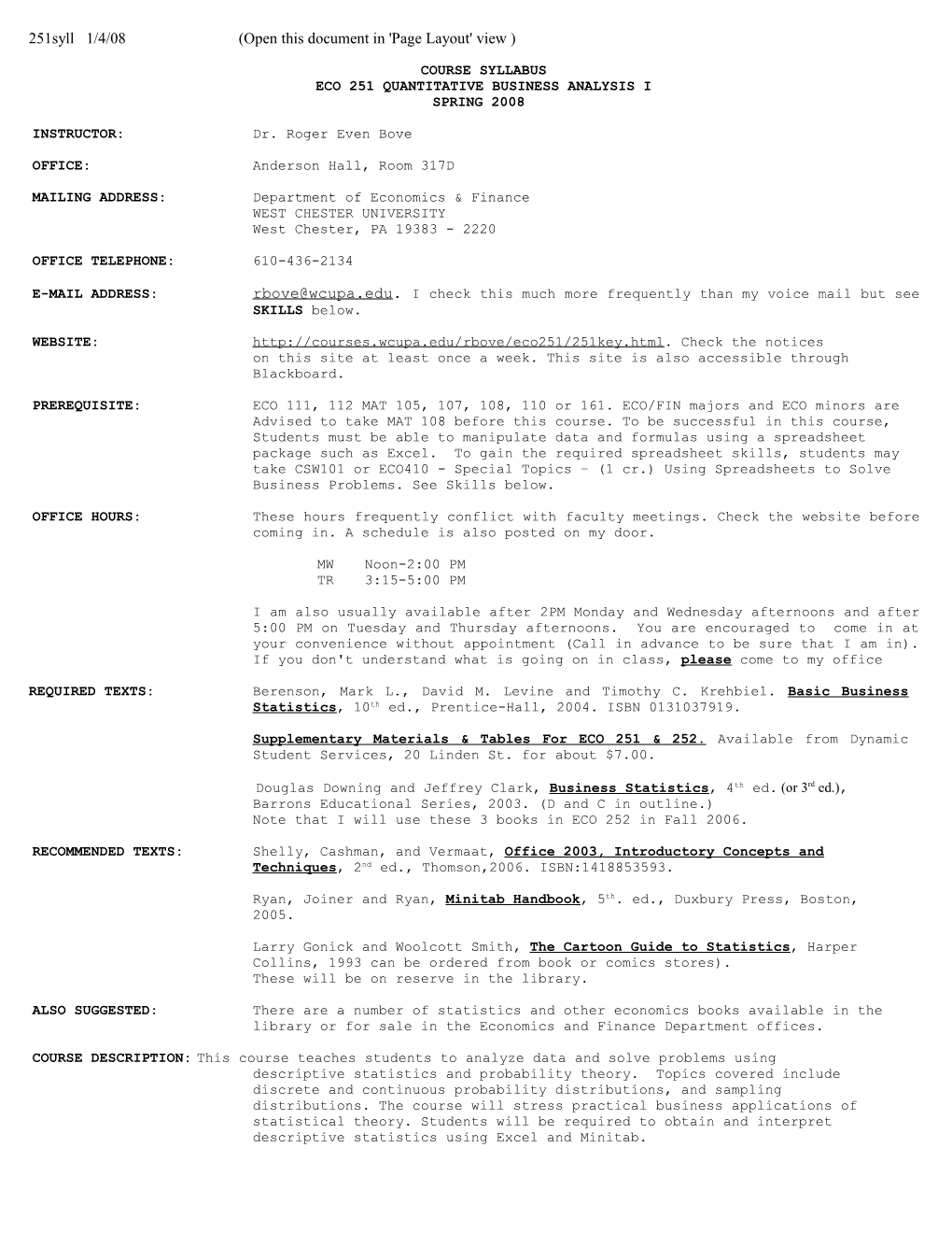 Eco 251 Quantitative Business Analysis I