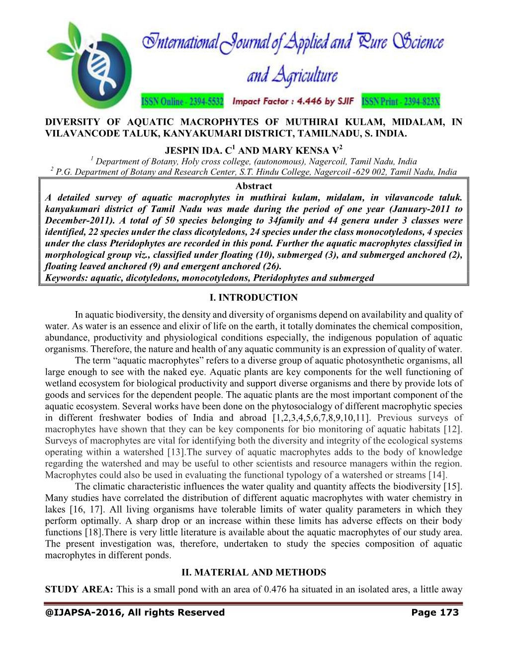 Diversity of Aquatic Macrophytes of Muthirai Kulam, Midalam, in Vilavancode Taluk, Kanyakumari District, Tamilnadu, S