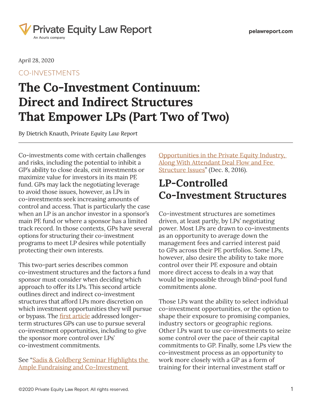 The Co‑Investment Continuum: Direct and Indirect Structures That Empower Lps (Part Two of Two)