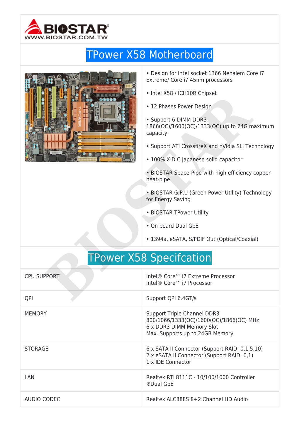 Tpower X58 Motherboard Tpower X58 Specifcation