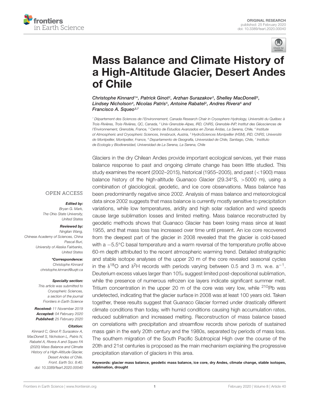 Mass Balance and Climate History of a High-Altitude Glacier, Desert Andes of Chile