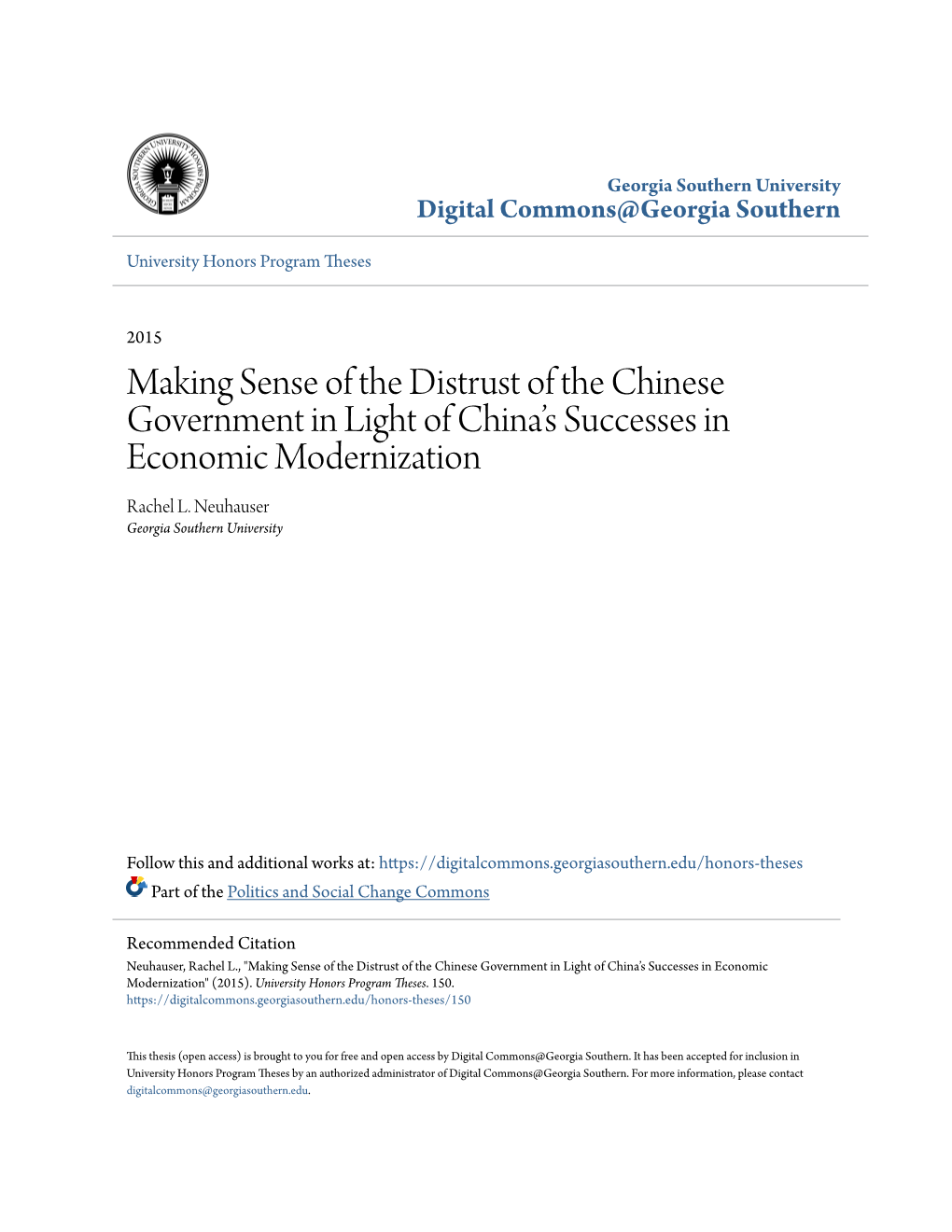 Making Sense of the Distrust of the Chinese Government in Light of China’S Successes in Economic Modernization Rachel L