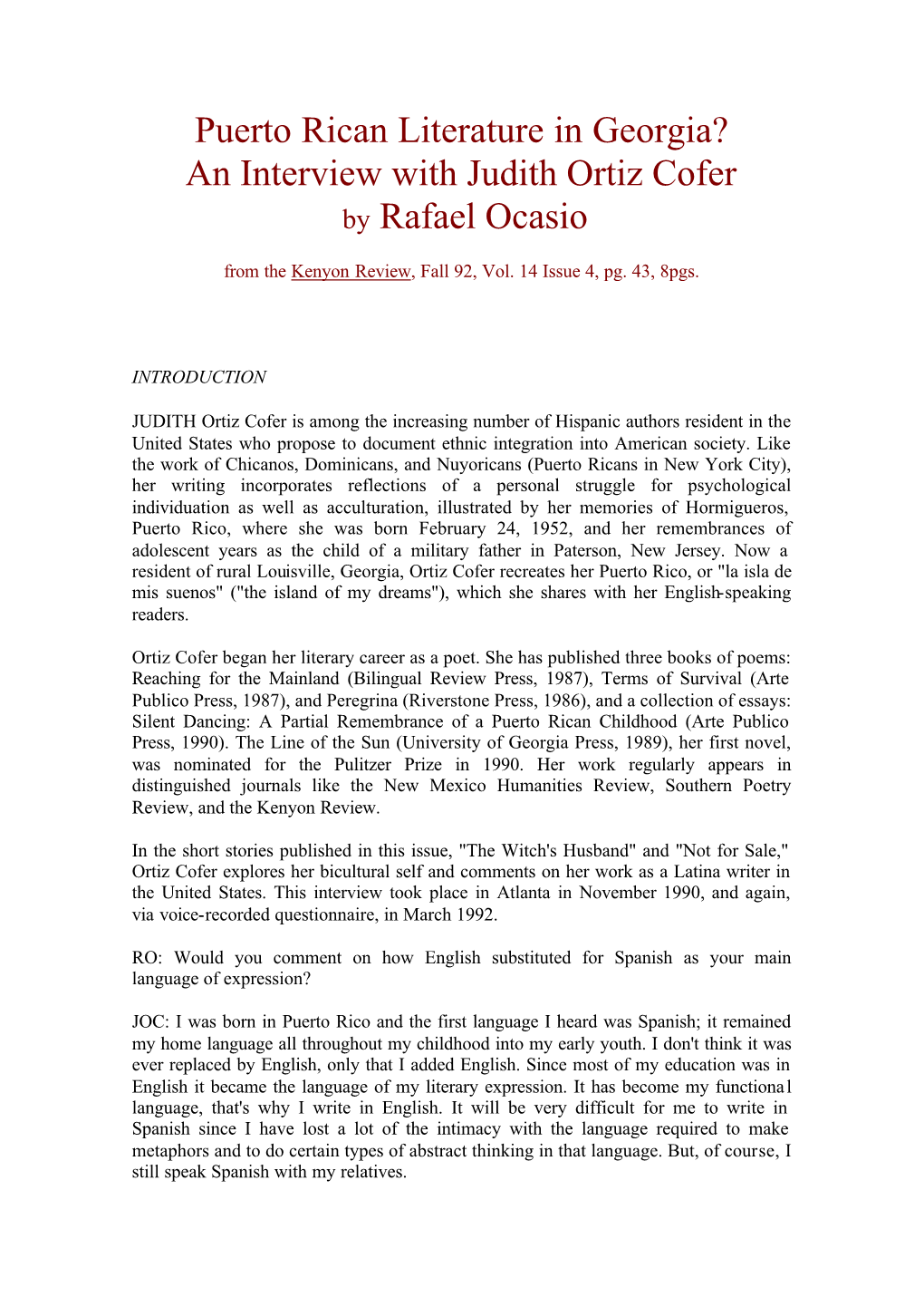 Puerto Rican Literature in Georgia? an Interview with Judith Ortiz Cofer by Rafael Ocasio