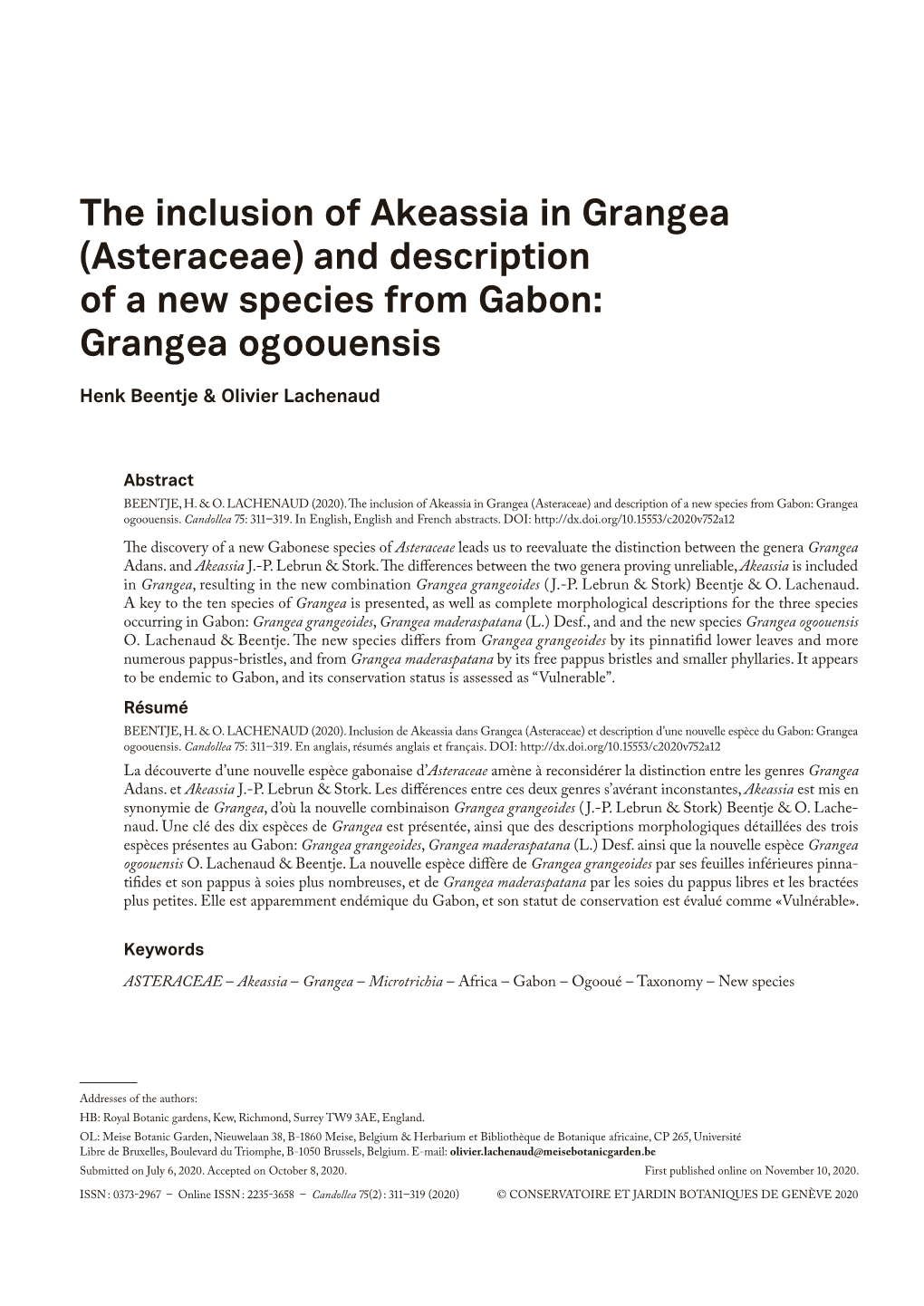 The Inclusion of Akeassia in Grangea (Asteraceae) and Description of a New Species from Gabon: Grangea Ogoouensis