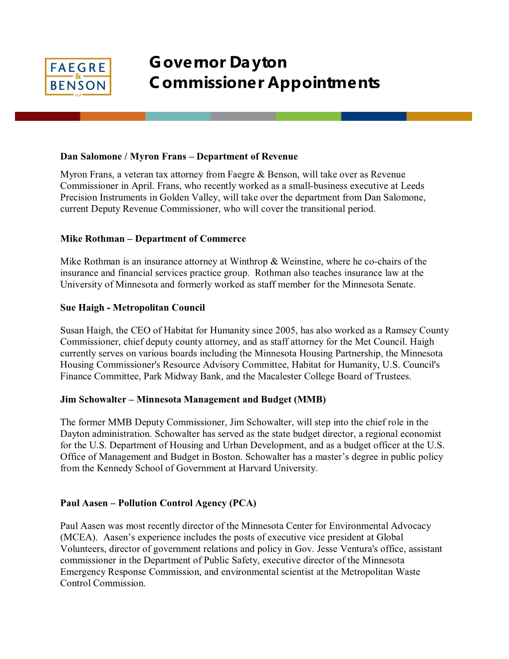 Governor Dayton Commissioner Appointments