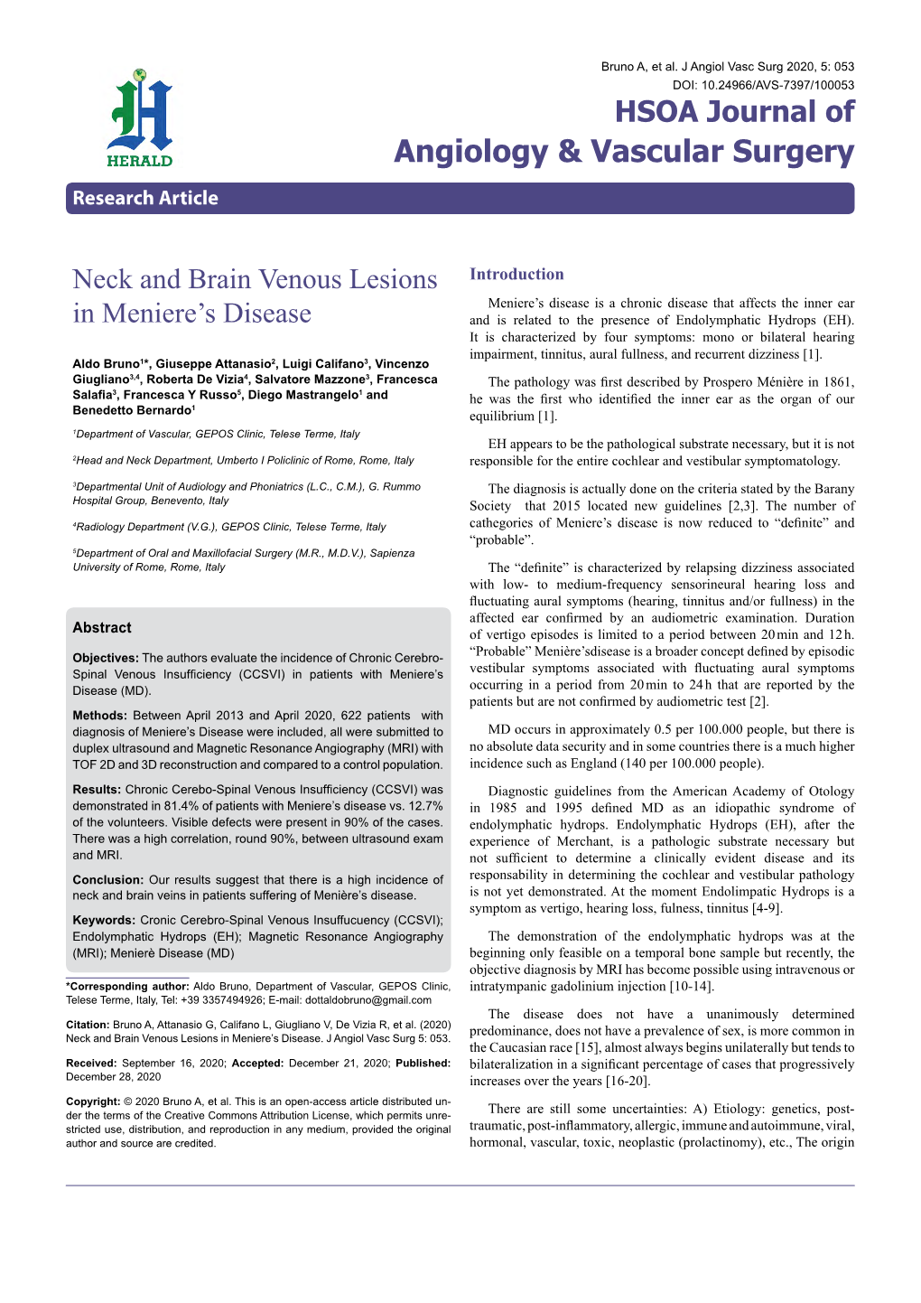 Neck and Brain Venous Lesions in Meniere's Disease