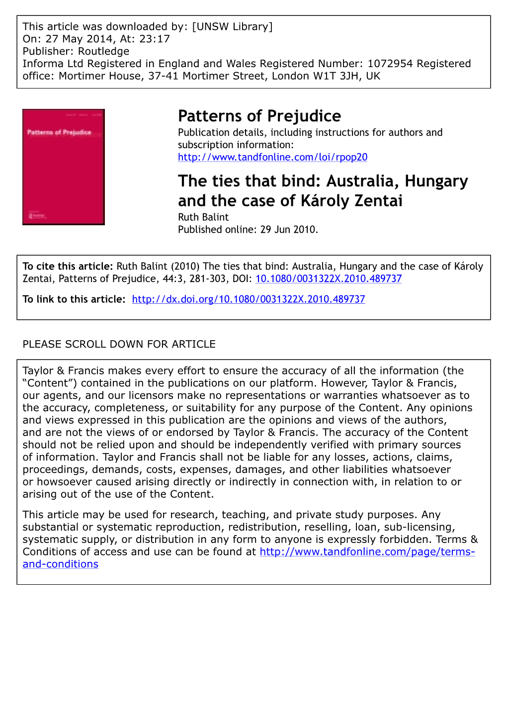 Patterns of Prejudice the Ties That Bind: Australia, Hungary and the Case of Károly Zentai