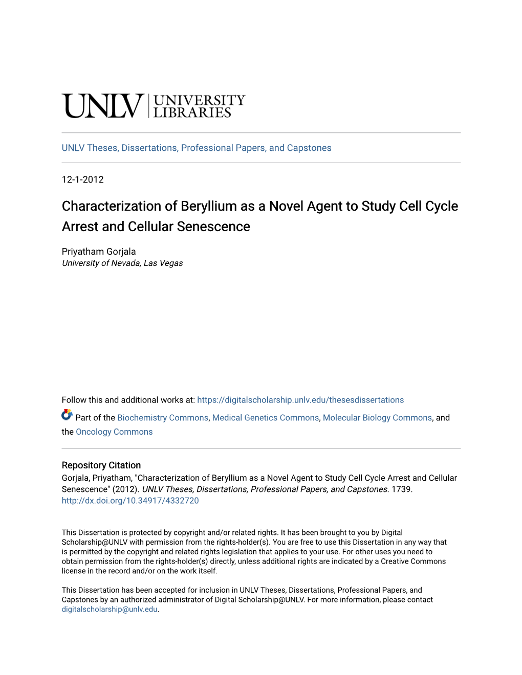 Characterization of Beryllium As a Novel Agent to Study Cell Cycle Arrest and Cellular Senescence