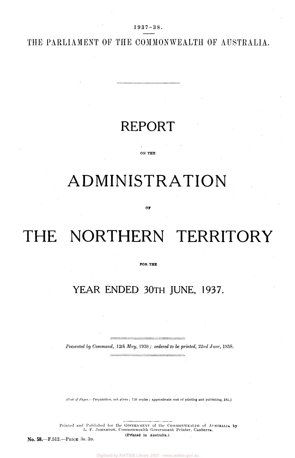 Report on the Administration of the Northern Territory for the Year