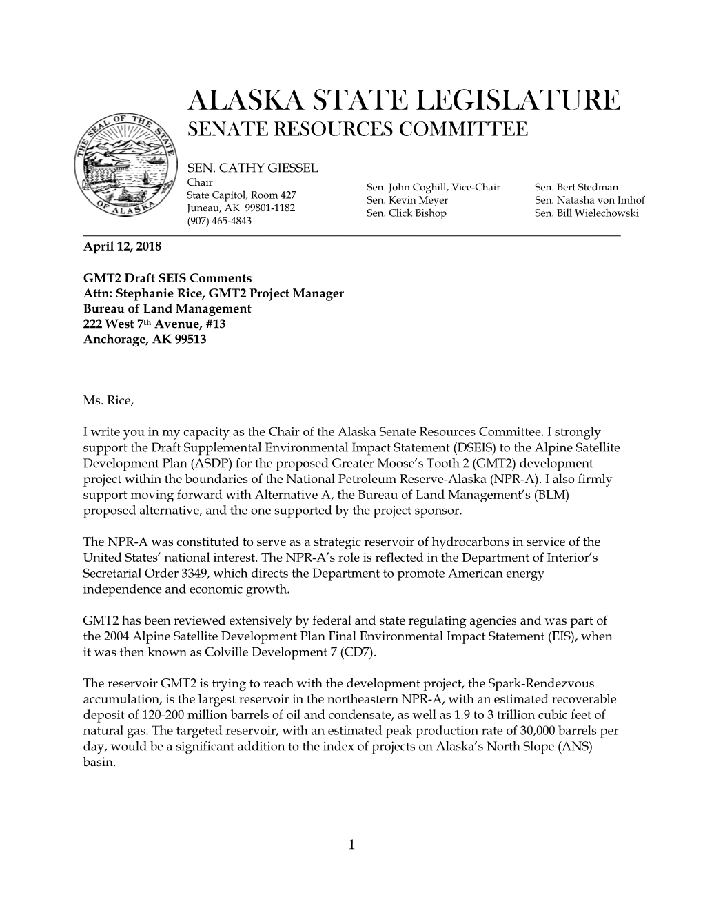 Senator Cathy Giessel Comment Letter for GMT2 Draft SEIS