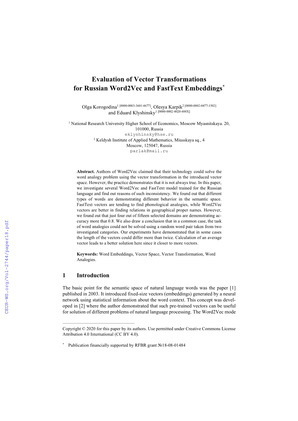 Evaluation of Vector Transformations for Russian Word2vec and Fasttext Embeddings*