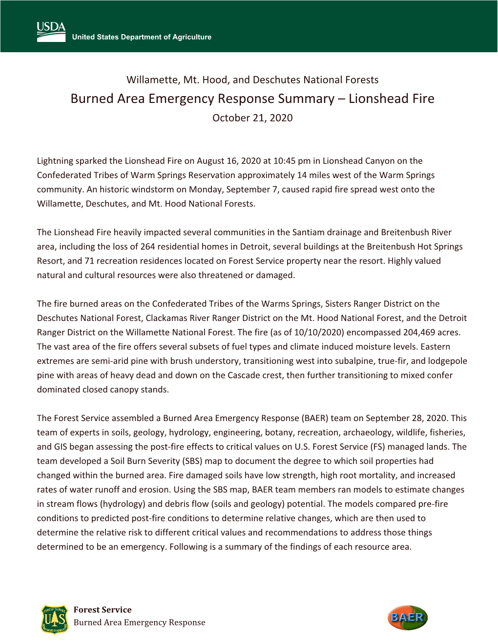 Burned Area Emergency Response Summary – Lionshead Fire October 21, 2020