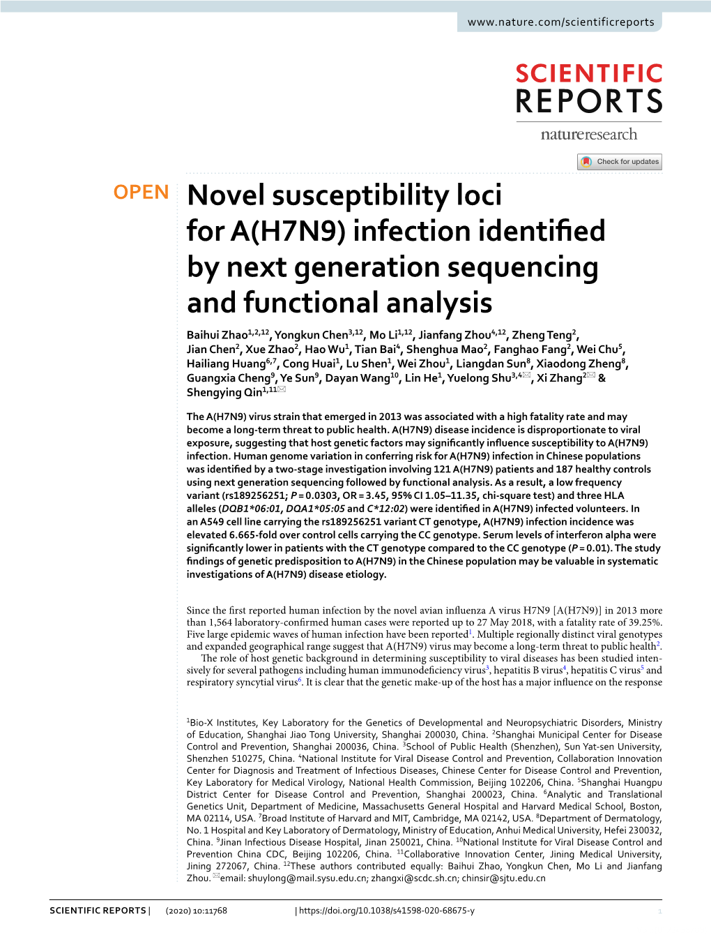 Novel Susceptibility Loci for A(H7N9) Infection Identified by Next