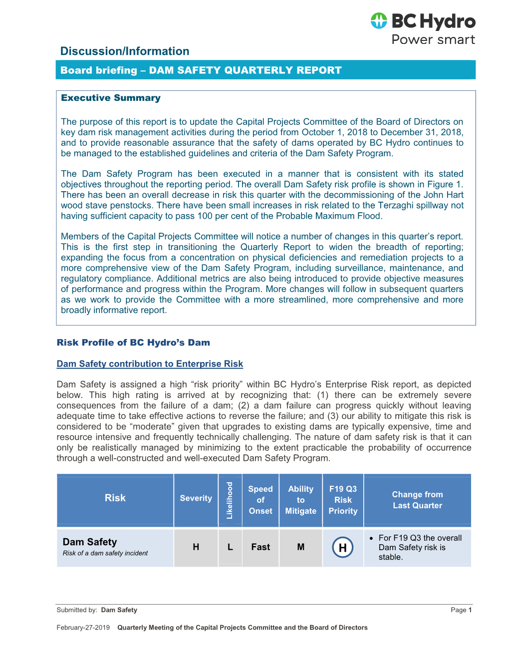 BC Hydro Dam Safety Quarterly Report