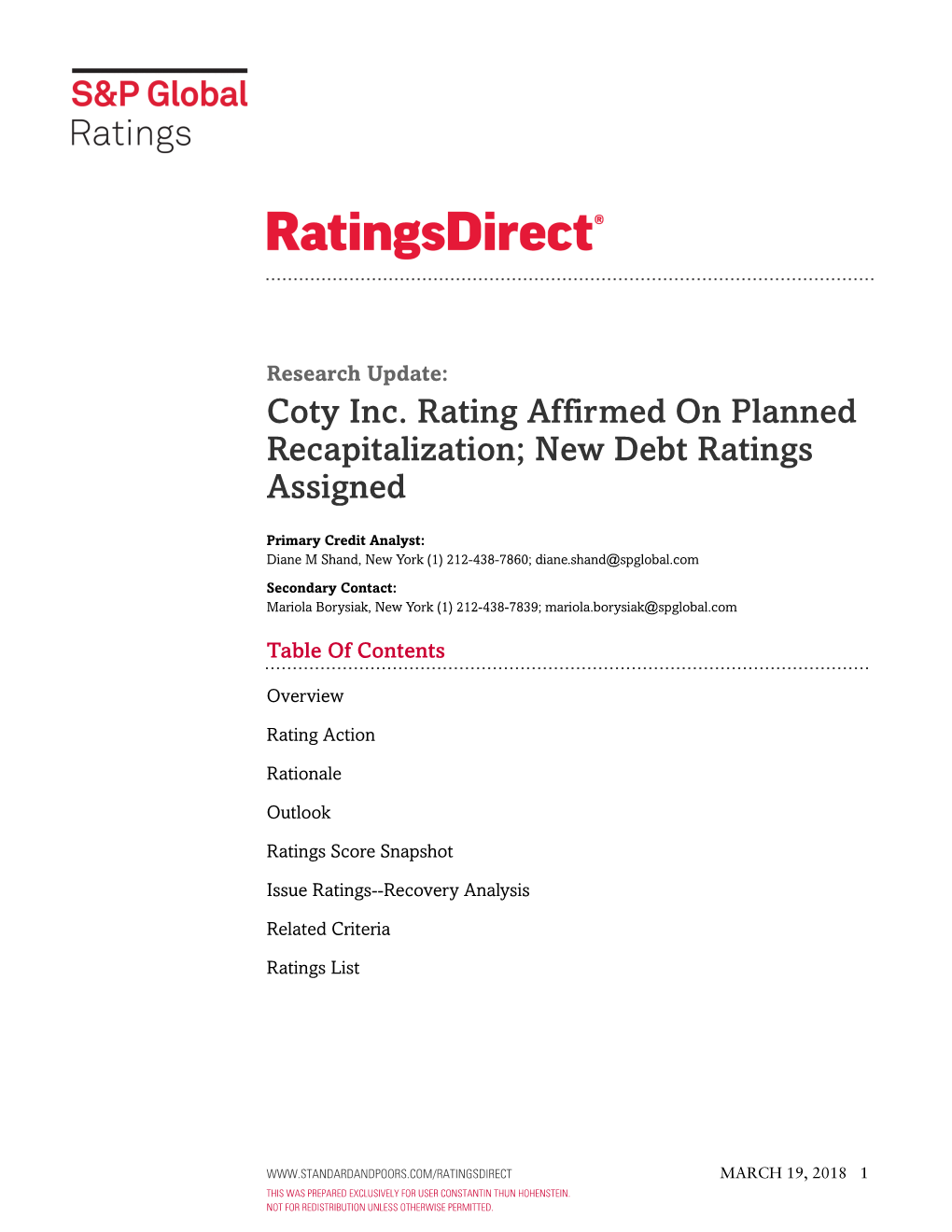 Coty Inc. Rating Affirmed on Planned Recapitalization; New Debt Ratings Assigned