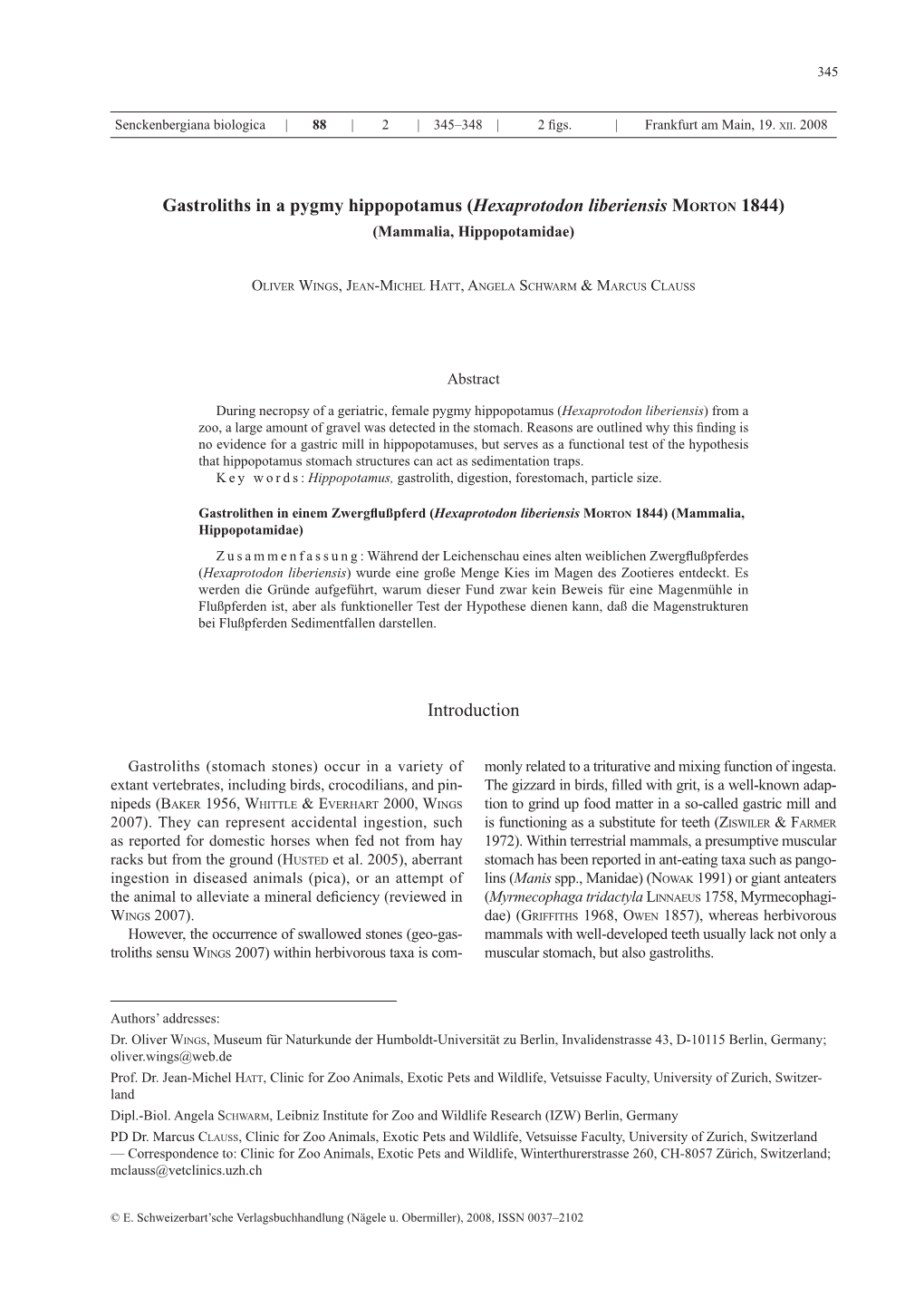 Gastroliths in a Pygmy Hippopotamus (Hexaprotodon Liberiensis Morton 1844) (Mammalia, Hippopotamidae)