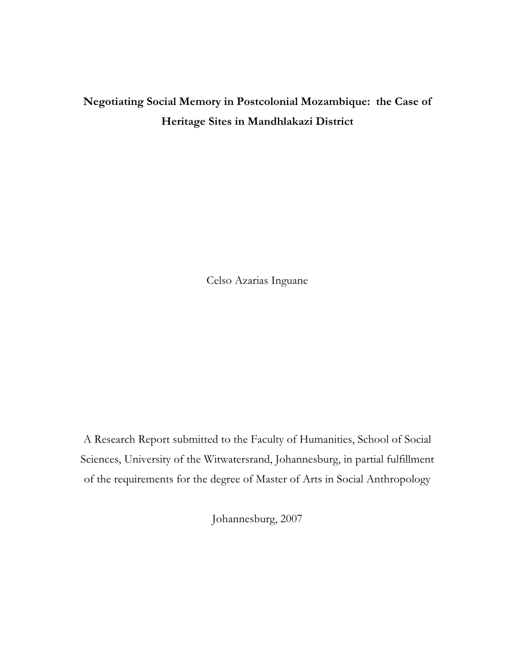 Negotiating Social Memory in Postcolonial Mozambique: the Case of Heritage Sites in Mandhlakazi District