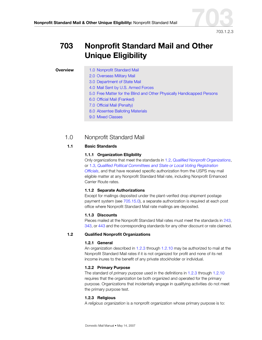 703 Nonprofit Standard Mail and Other Unique Eligibility