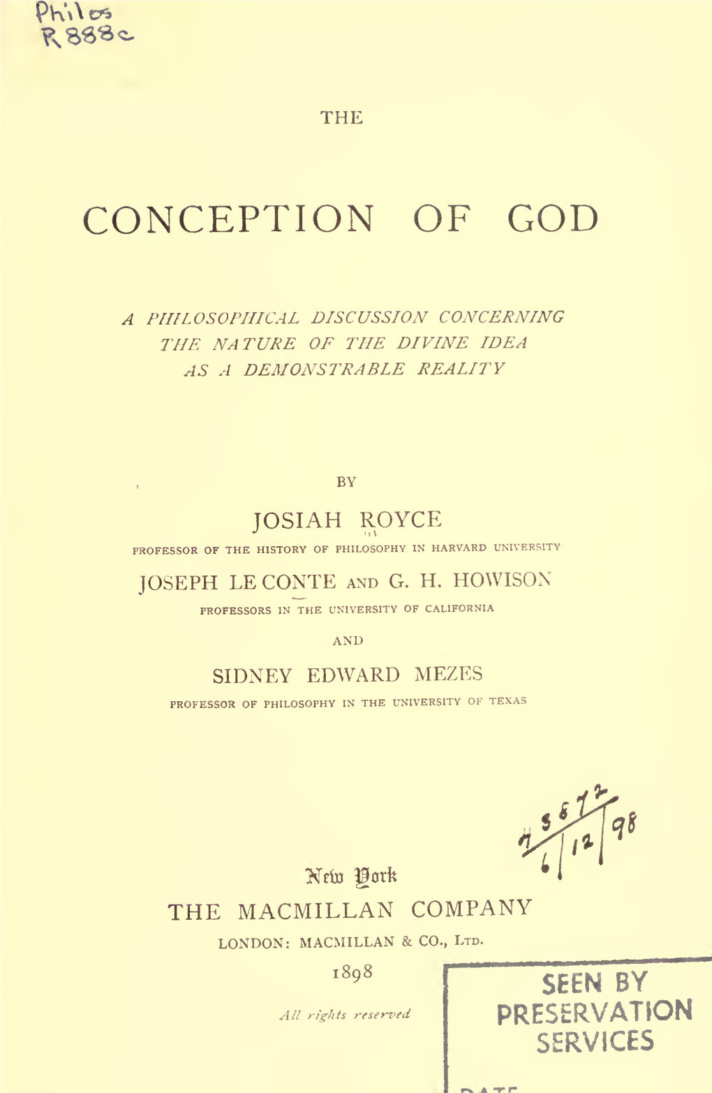 The Conception of God: Address by Professor Royce