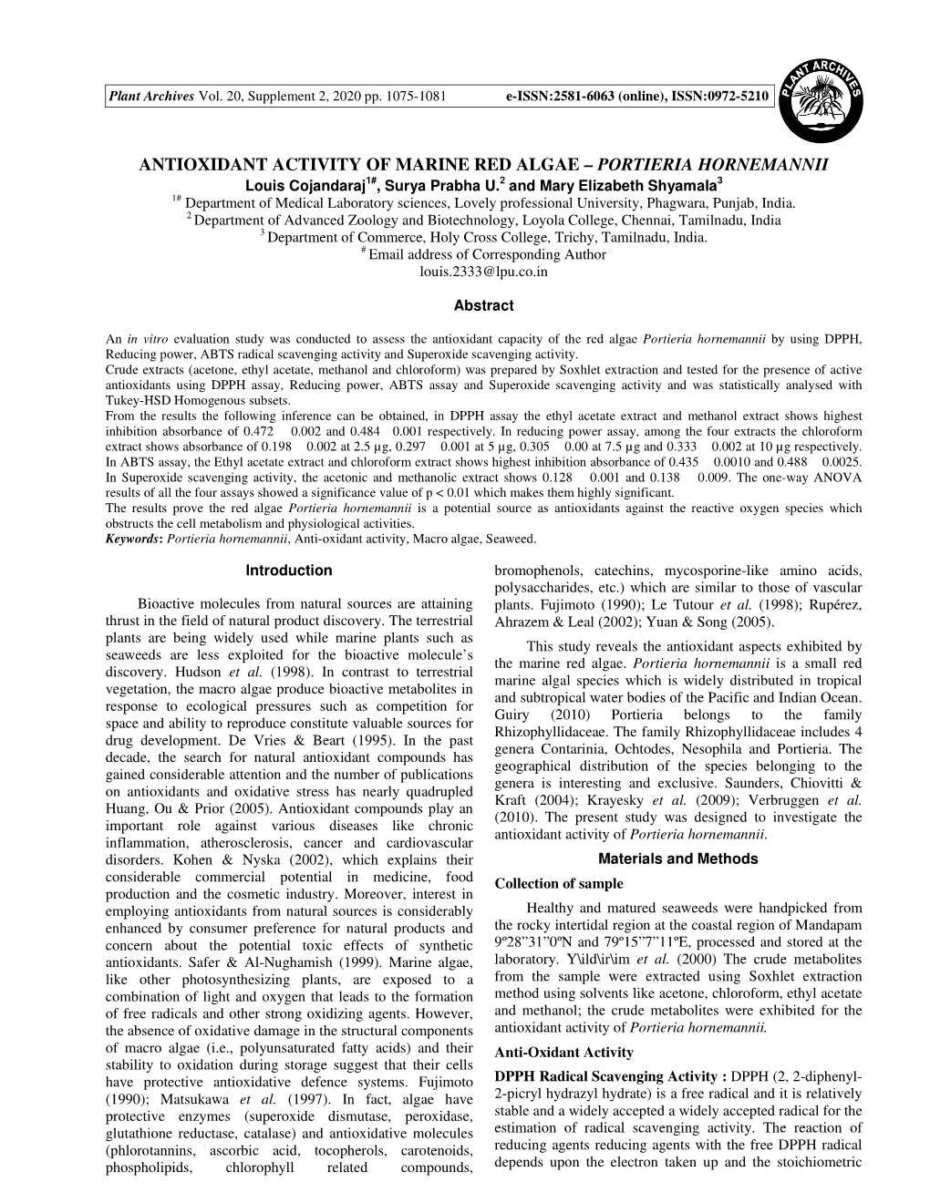 ANTIOXIDANT ACTIVITY of MARINE RED ALGAE – PORTIERIA HORNEMANNII Louis Cojandaraj 1# , Surya Prabha U