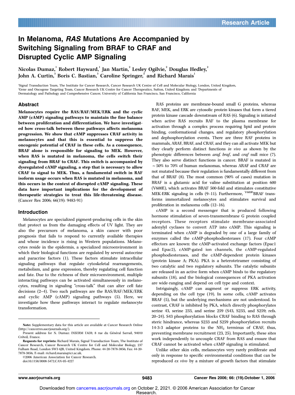 In Melanoma, RAS Mutations Are Accompanied by Switching Signaling from BRAF to CRAF and Disrupted Cyclic AMP Signaling