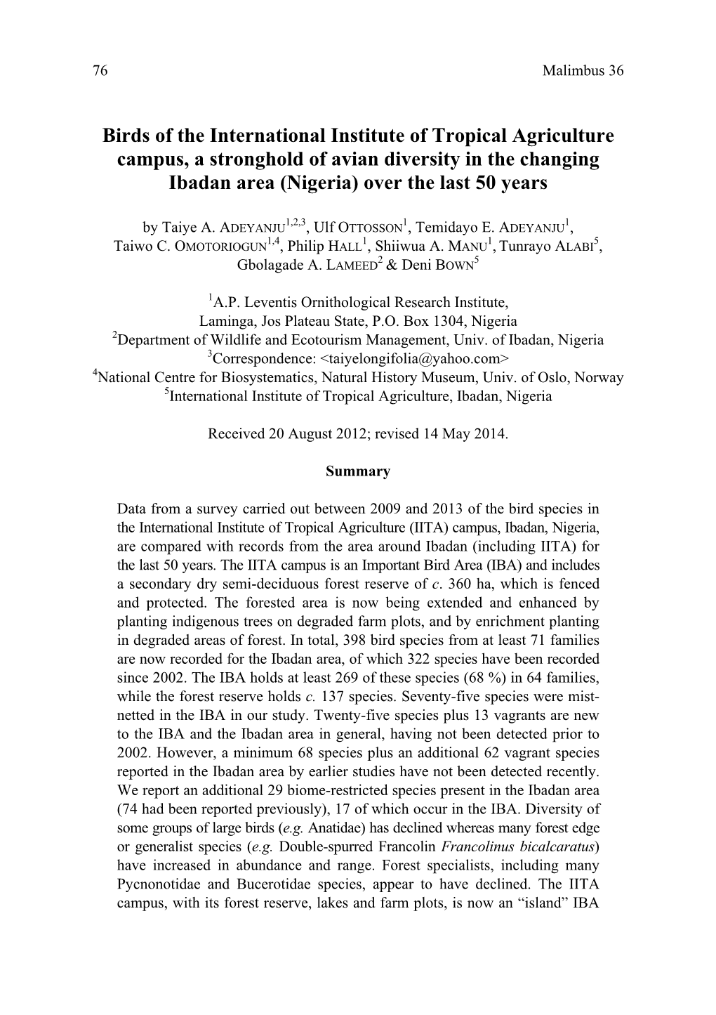 Birds of the International Institute of Tropical Agriculture Campus, a Stronghold of Avian Diversity in the Changing Ibadan Area (Nigeria) Over the Last 50 Years