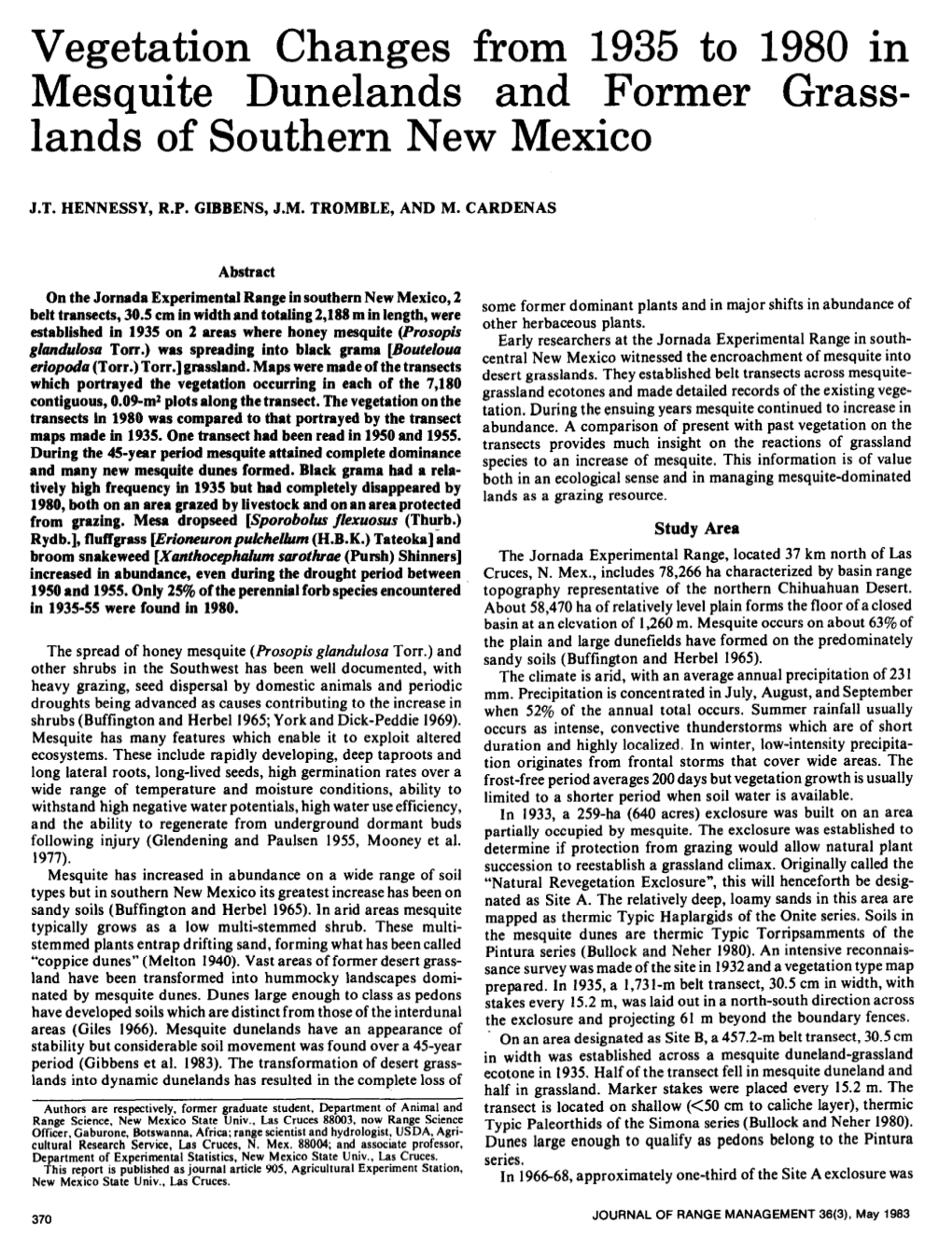 Vegetation Changes from 1935 to 1980 in Mesquite Dunelands and Former Grass- Lands of Southern New Mexico