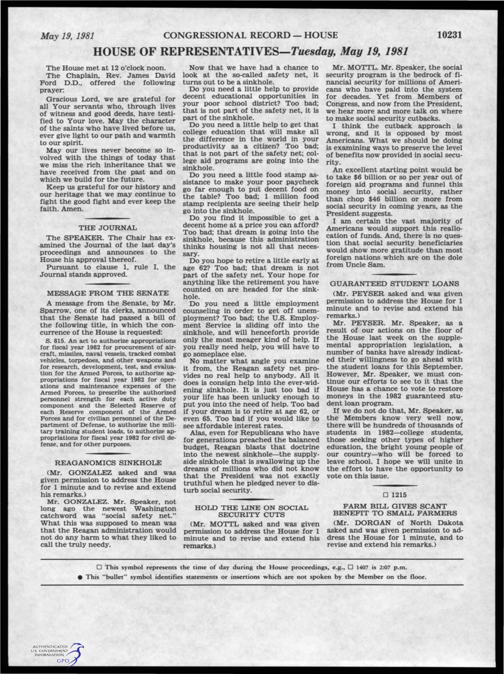 HOUSE of REPRESENTATIVES-Tuesday, Mag 19, 1981 the House Met at 12 O'clock Noon