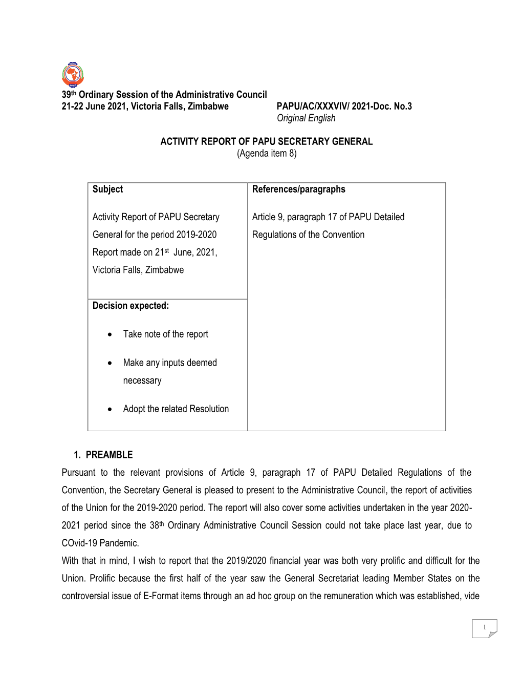 39Th Ordinary Session of the Administrative Council 21-22 June 2021, Victoria Falls, Zimbabwe PAPU/AC/XXXVIV/ 2021-Doc