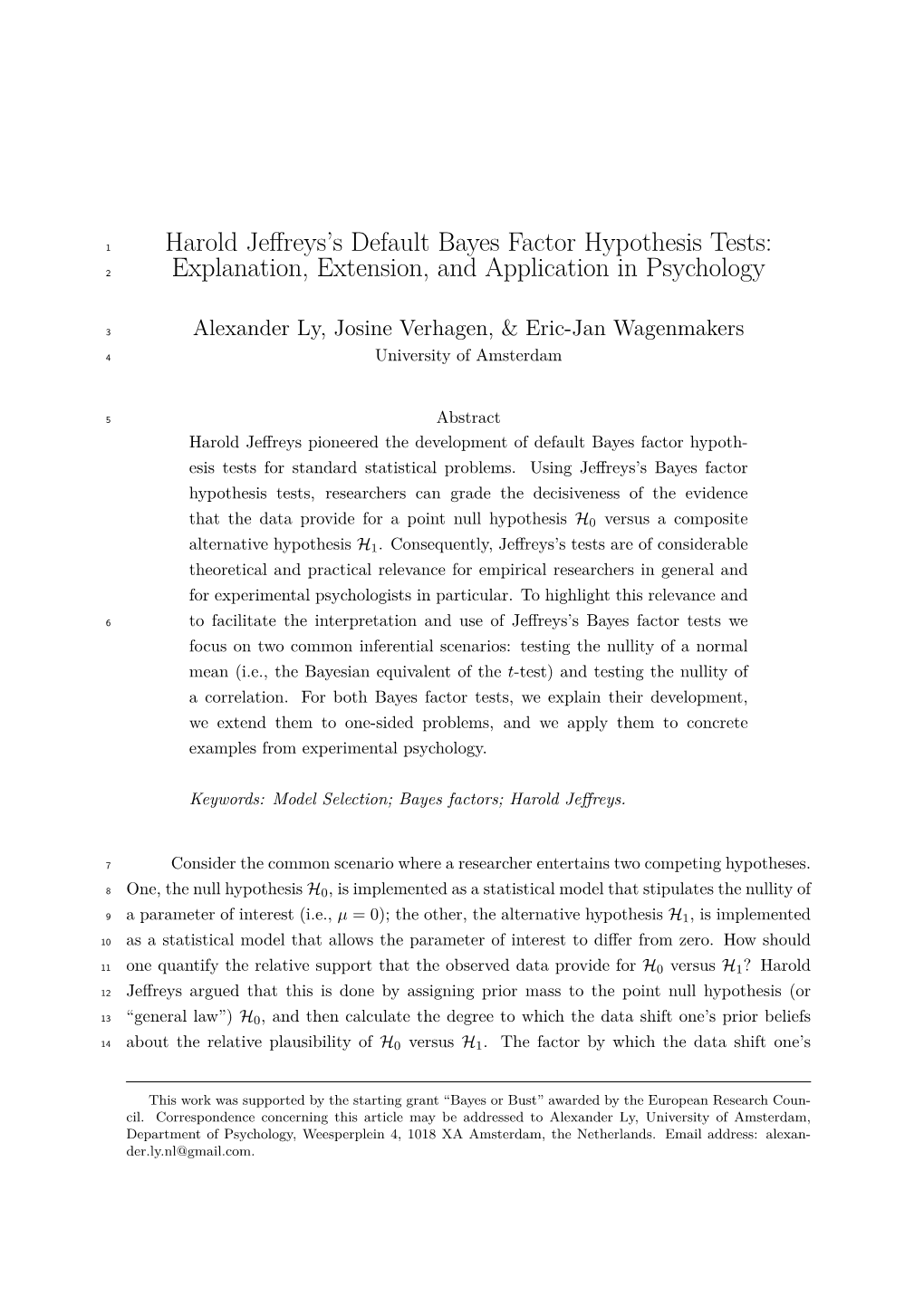 Harold Jeffreys's Default Bayes Factor Hypothesis Tests