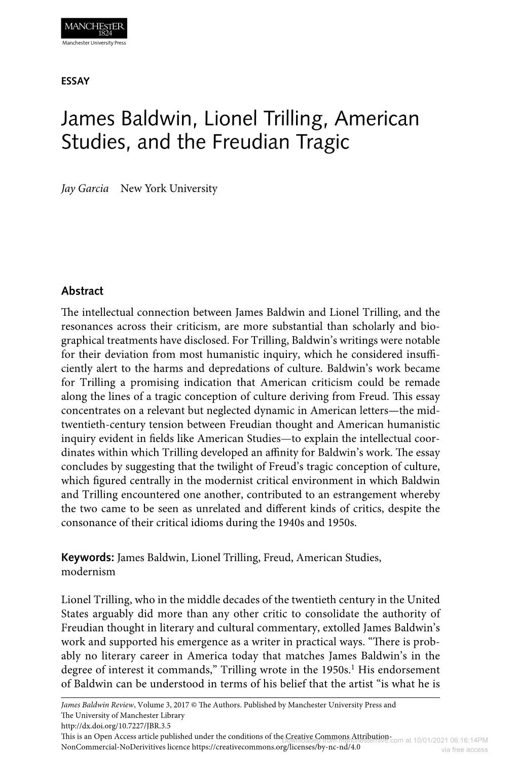 James Baldwin, Lionel Trilling, American Studies, and the Freudian Tragic