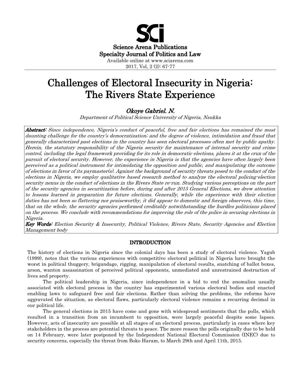 Challenges of Electoral Insecurity in Nigeria: the Rivers State Experience